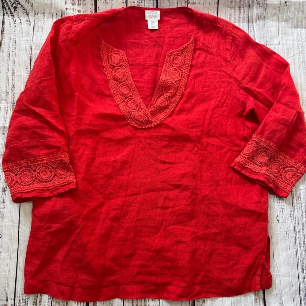 Sigrid Olsen Linen Shirt Womens Small Orange Boho Peasant Embroidered V Neck Top